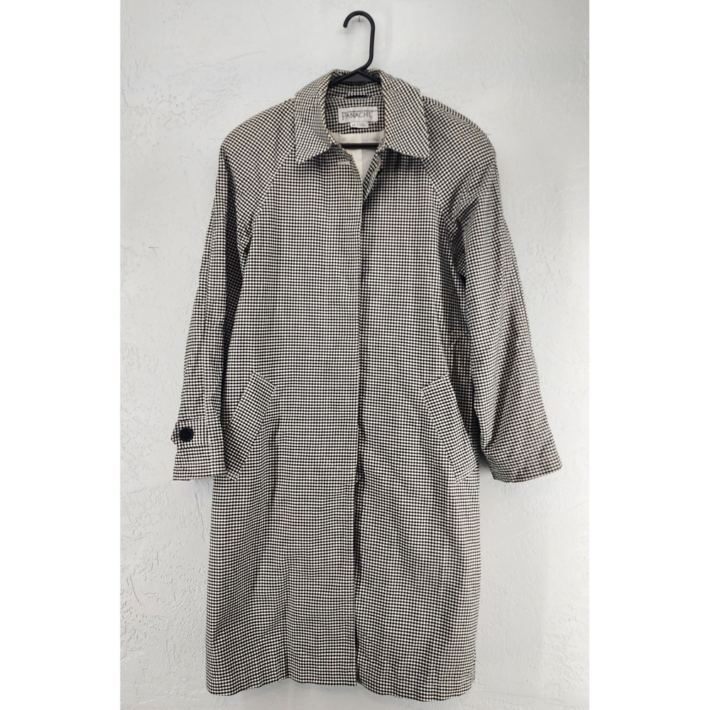 Panache Women M Black White Gingham Check Trench Coat Retro 90s Minimalist Chic